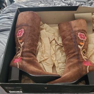 Floral Embroidered Brown Suede Heeled Boots
